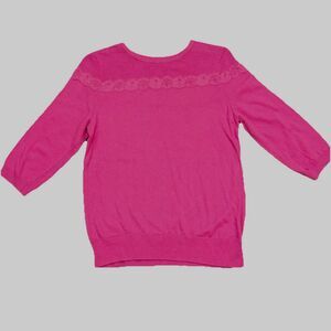 ELLE HOT PINK SWEATER LACE TRIM TEXTURED YOKE ROUND NECK 3/4 SLEEVE SIZE L